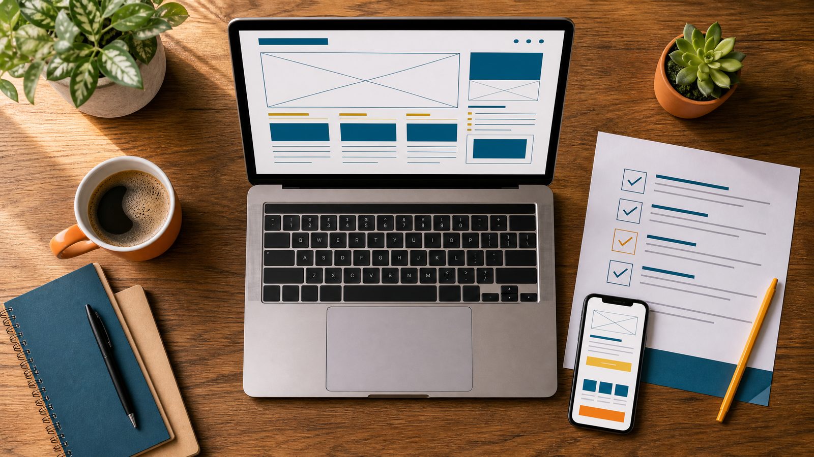 Flat-lay of a laptop and phone showing abstract website wireframes beside a printed redesign checklist