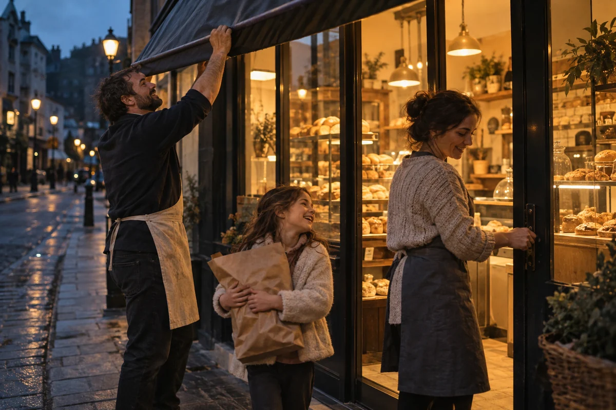Editorial concept of a family closing their neighborhood bakery together at dusk