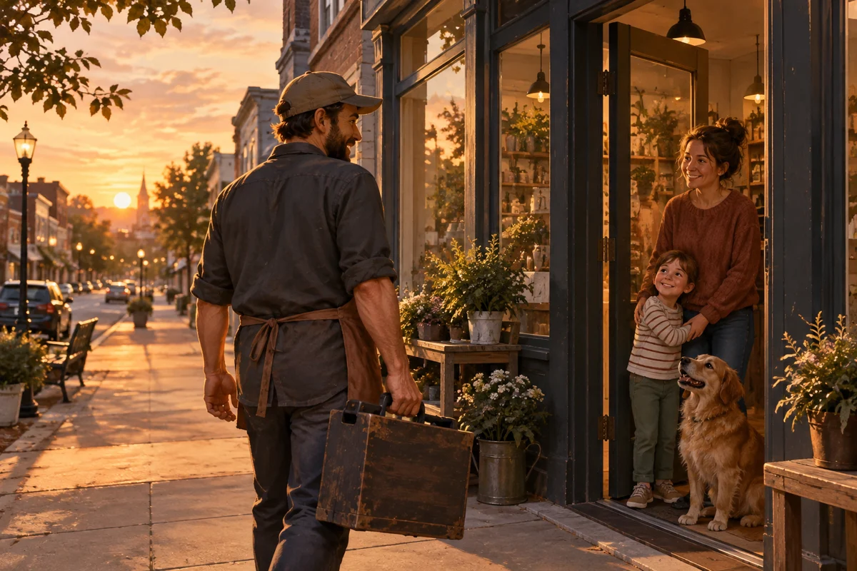 Illustration of a local business owner reuniting with their family outside a neighborhood shop at the end of the workday.