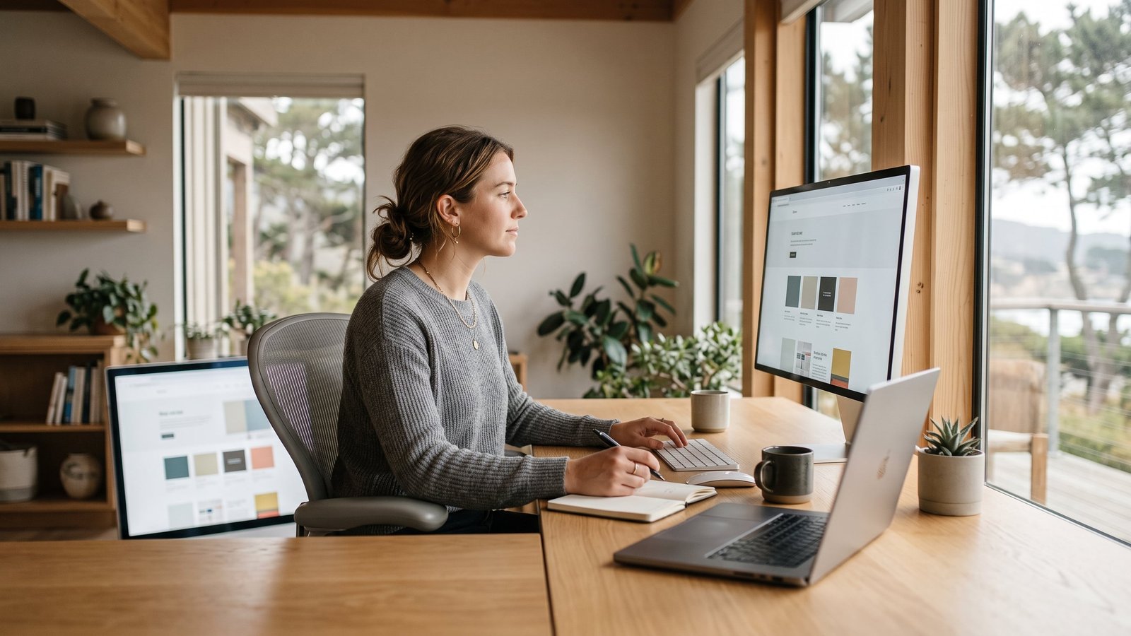 Web Designer Palo Cedro CA — a web designer reviewing a website layout on a laptop and monitor in a bright, natural-lit Northern California workspace